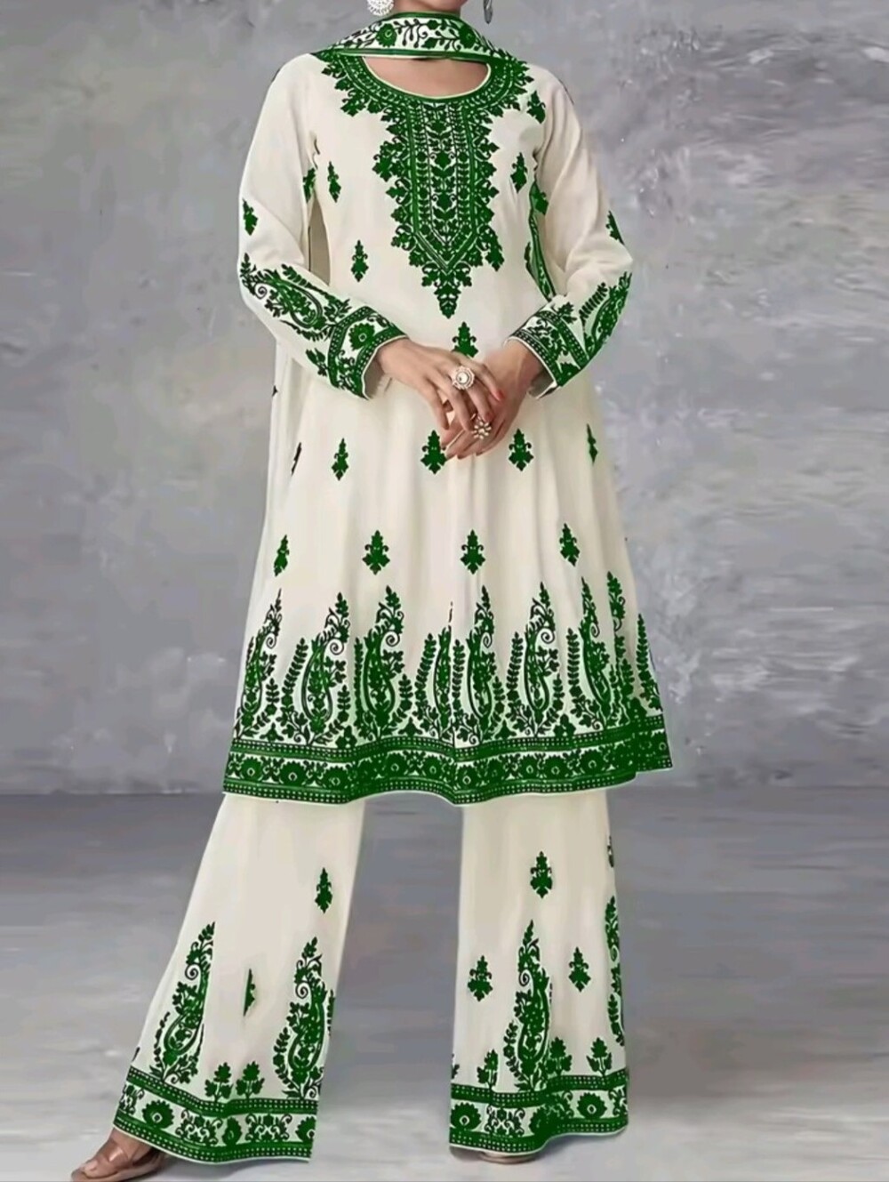 Women's Plus Size Off White And Black Printed Three Piece Set